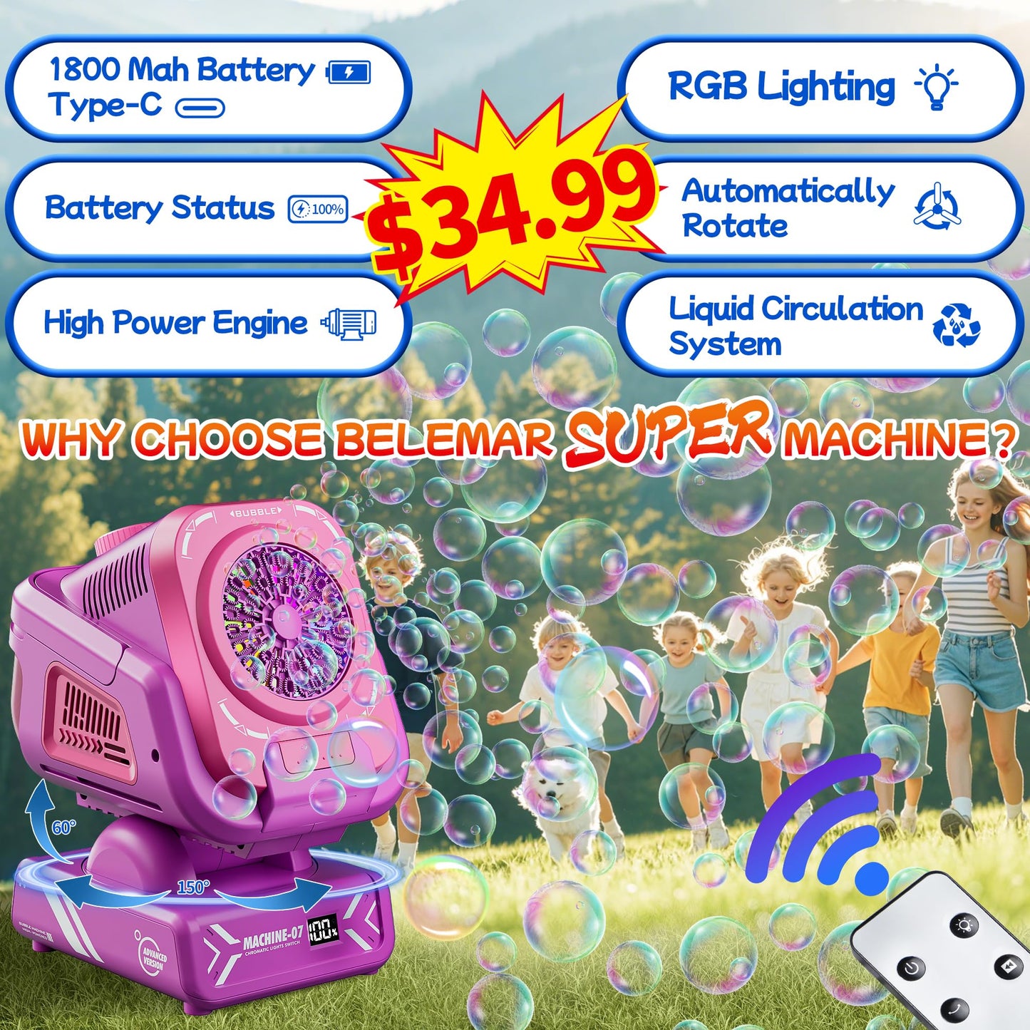Belemar Upgraded Bubble Machine with Remote, Auto-Rotation & RGB Lights – 1800mAh, Type-C