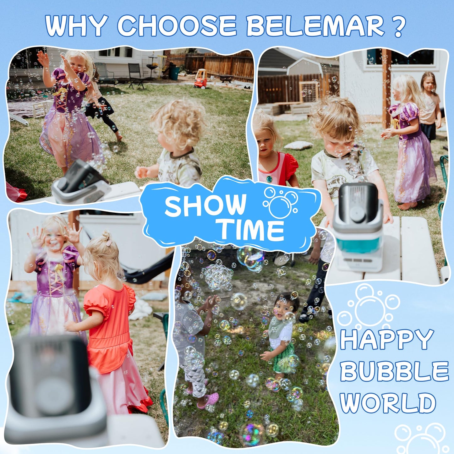 Belemar Upgraded Bubble Machine with Remote, Auto-Rotation & RGB Lights – 1800mAh, Type-C