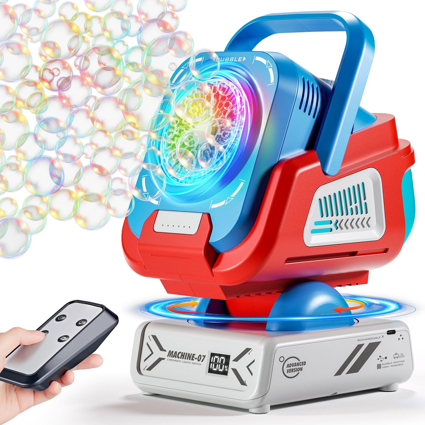 Belemar Upgraded Bubble Machine with Remote, Auto-Rotation, RGB Lights, 1800mAh Battery