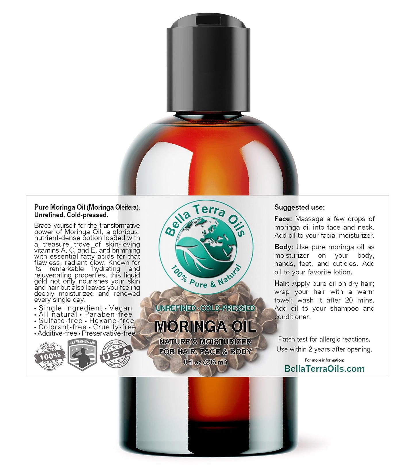 Bella Terra Oils Organic Moringa Seed Oil 8 oz | Pure, Unsaturated Fatty Acids for Skin & Hair Glow