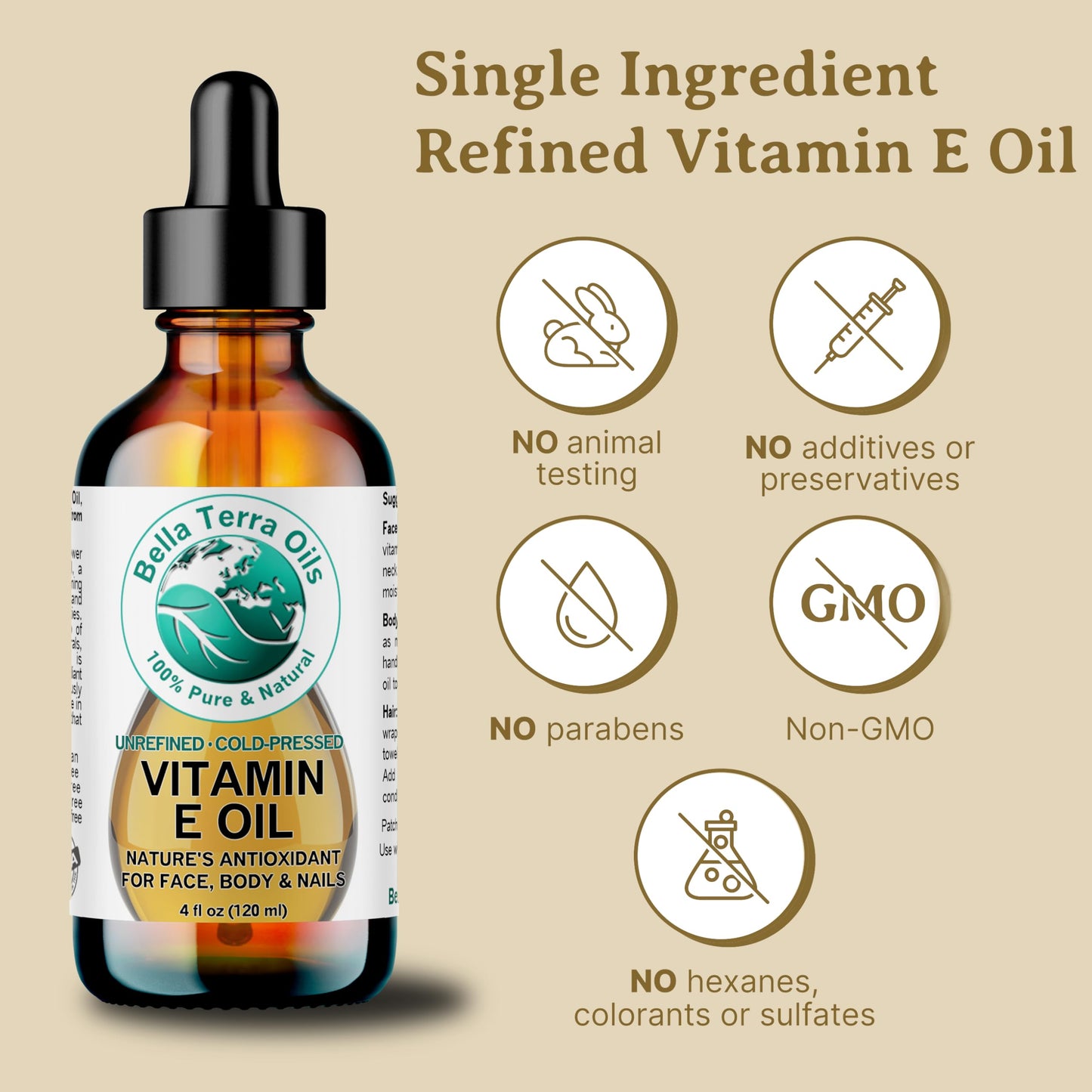 Bella Terra Oils Organic Vitamin E Oil 4 oz — D-Alpha Tocopherol Rich for Face & Body