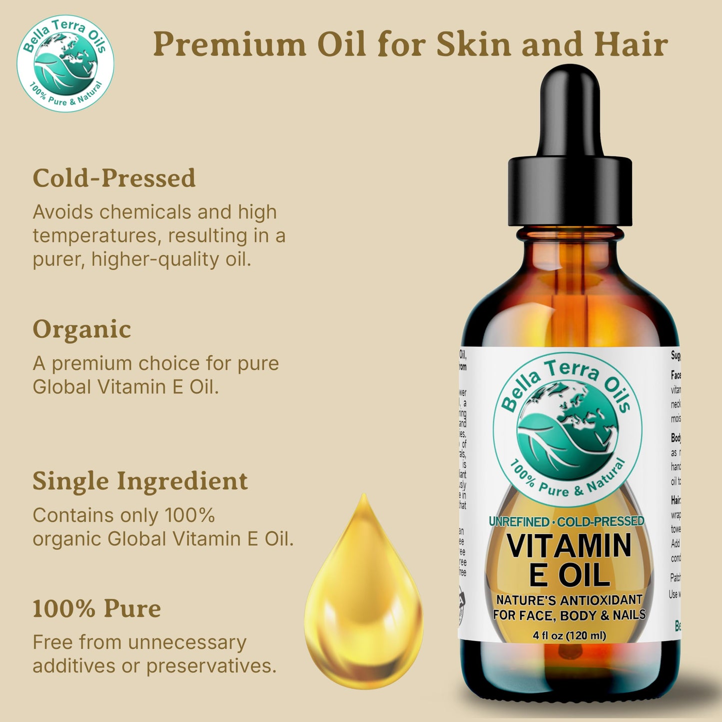 Bella Terra Oils Organic Vitamin E Oil 4 oz — D-Alpha Tocopherol Rich for Face & Body