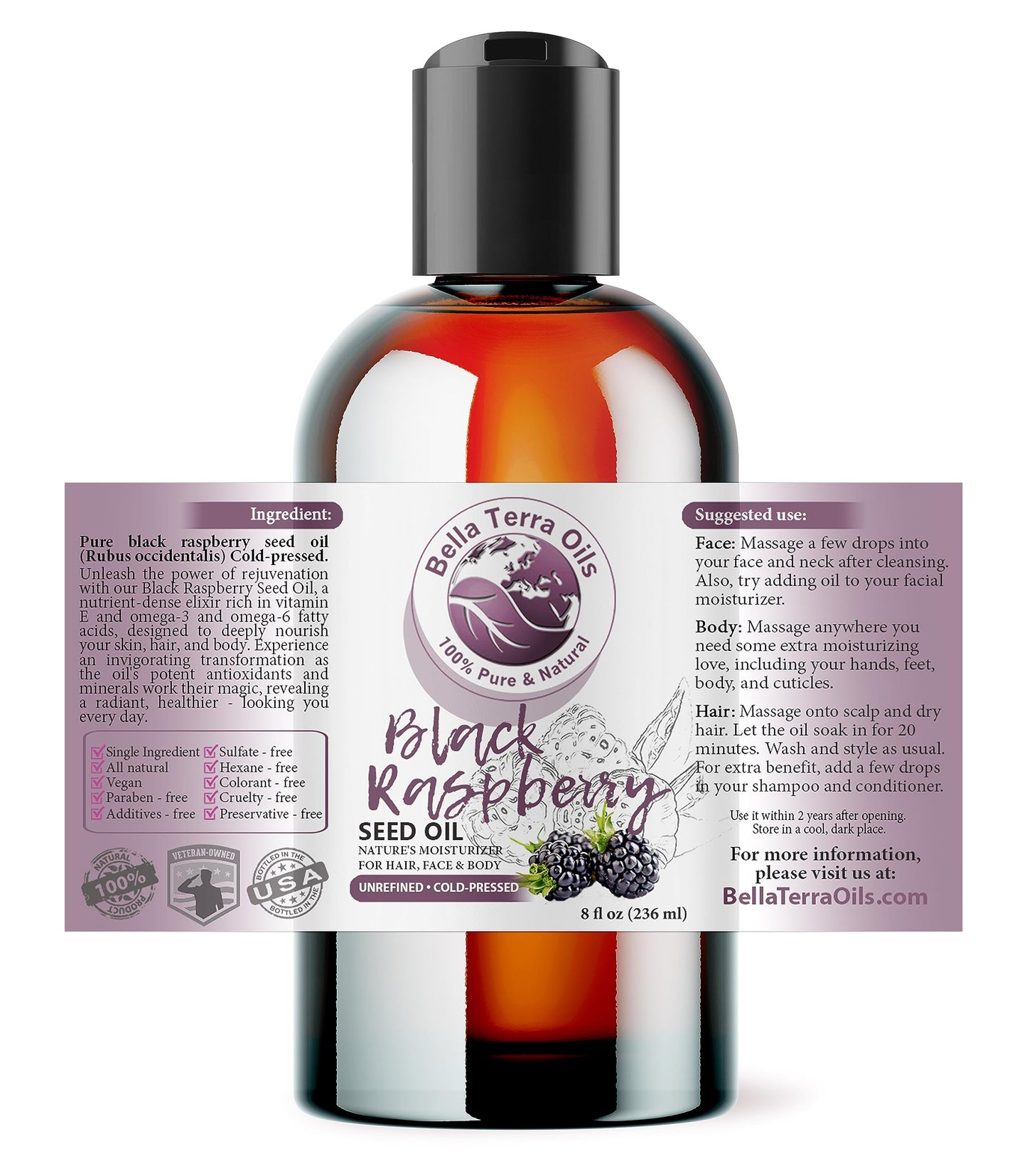 Bella Terra Oils - Black Raspberry Seed Oil 8oz - Embrace the Cosmetic Wonder of Raspberry Seed & Black Seed Oil Fusion, Replete with Tocopherols & Tocotrienols