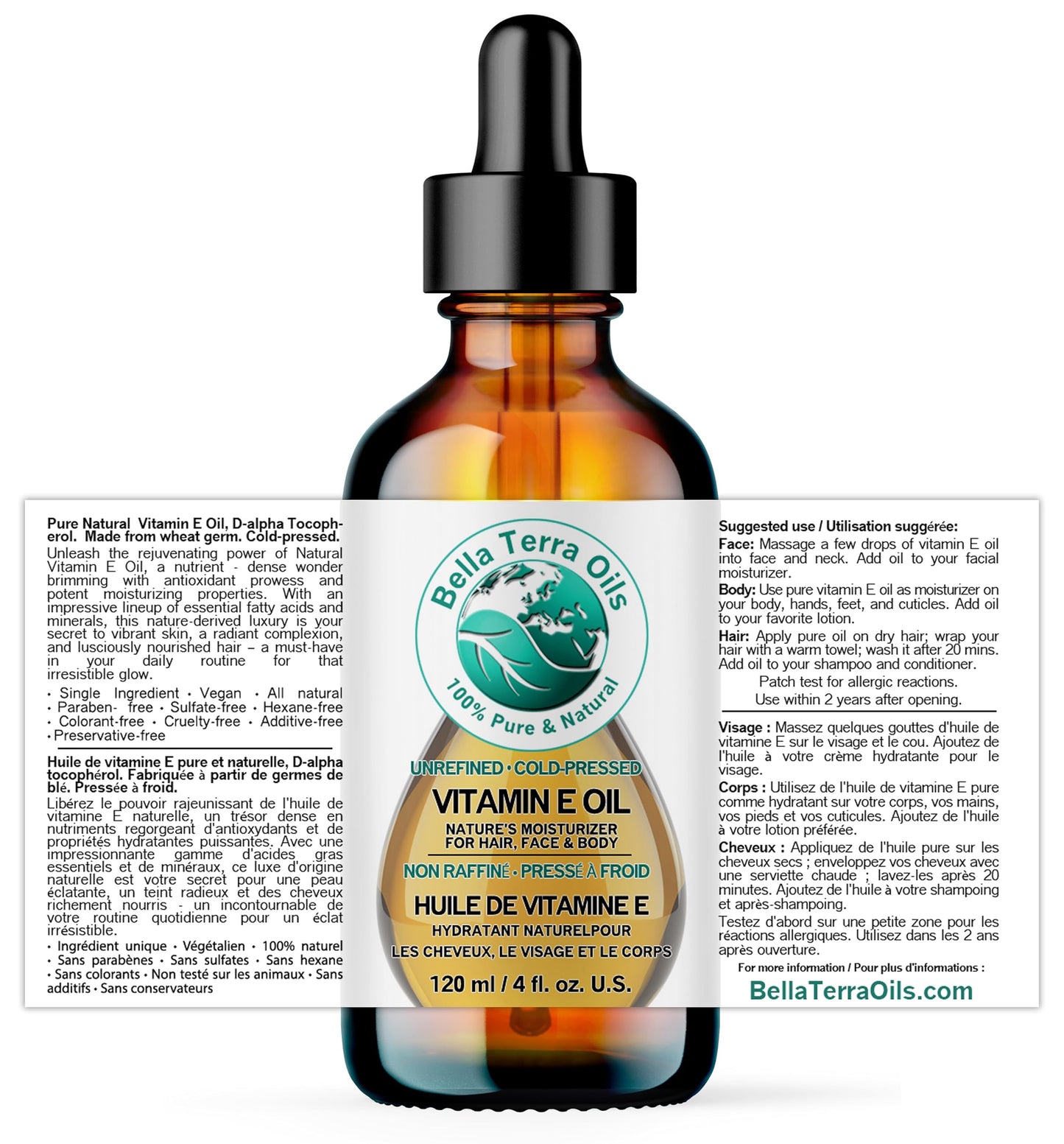 Bella Terra Oils Organic Vitamin E Oil 4 oz — D-Alpha Tocopherol Rich for Face & Body
