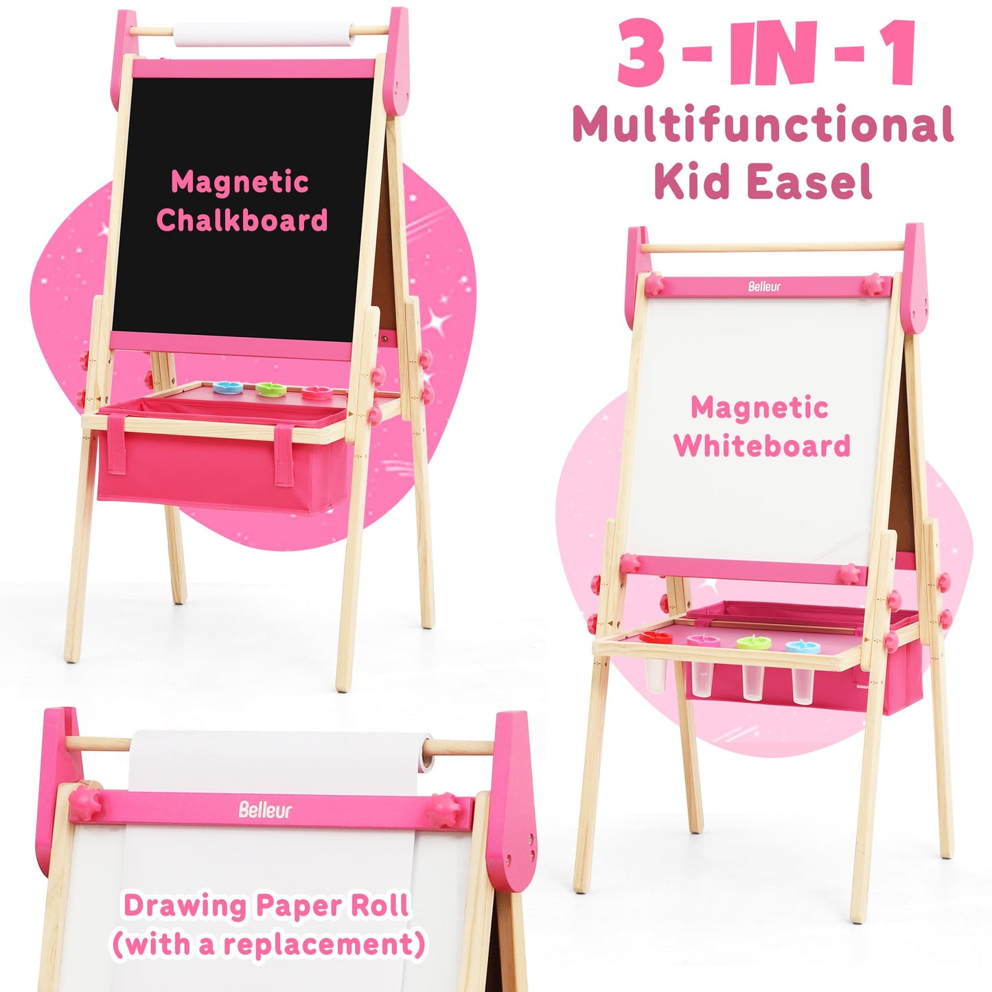 Belleur All-in-One Art Easel for Kids | Adjustable 3-in-1 Magnetic Whiteboard, Chalkboard & Paper Roll