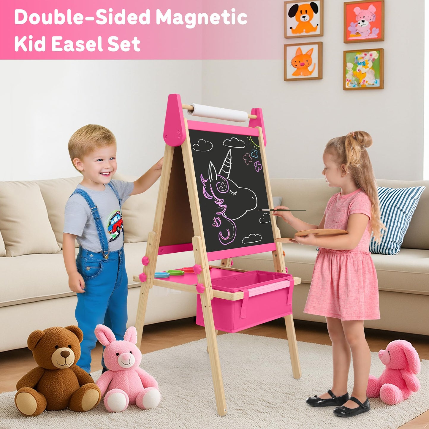 Belleur All-in-One Art Easel for Kids | Adjustable 3-in-1 Magnetic Whiteboard, Chalkboard & Paper Roll