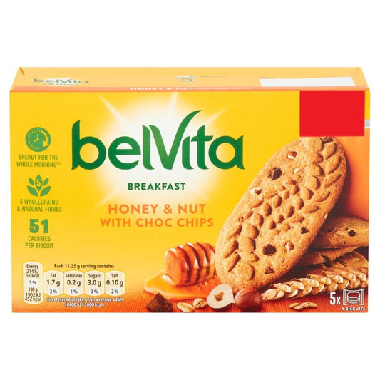 Belvita Breakfast Biscuits Honey and Nut with Choc Chips 5 Pack PMP 225g (Case of 10)