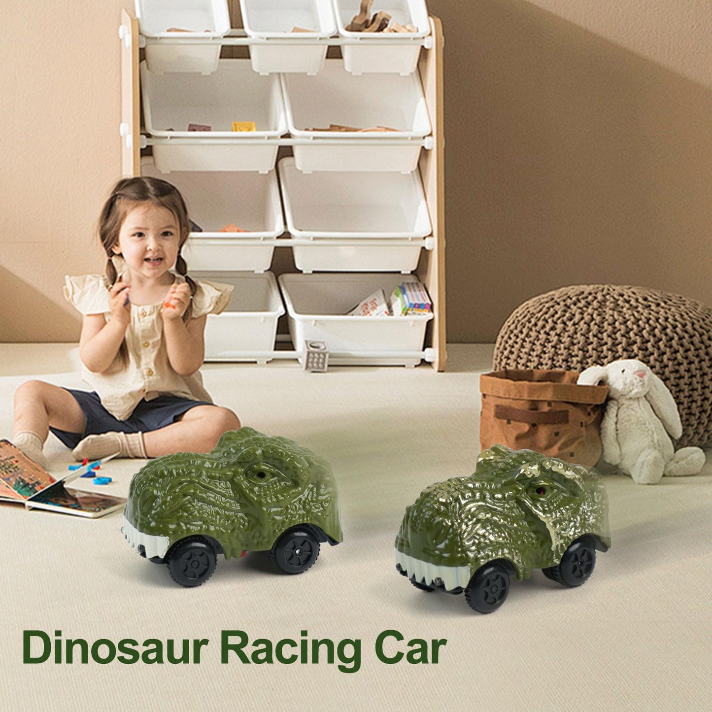 BEMITON Pack of 2 Dinosaur Car Toys with LED Lights – Replacement Race Cars for Dinosaur Tracks (Ages 3–7)