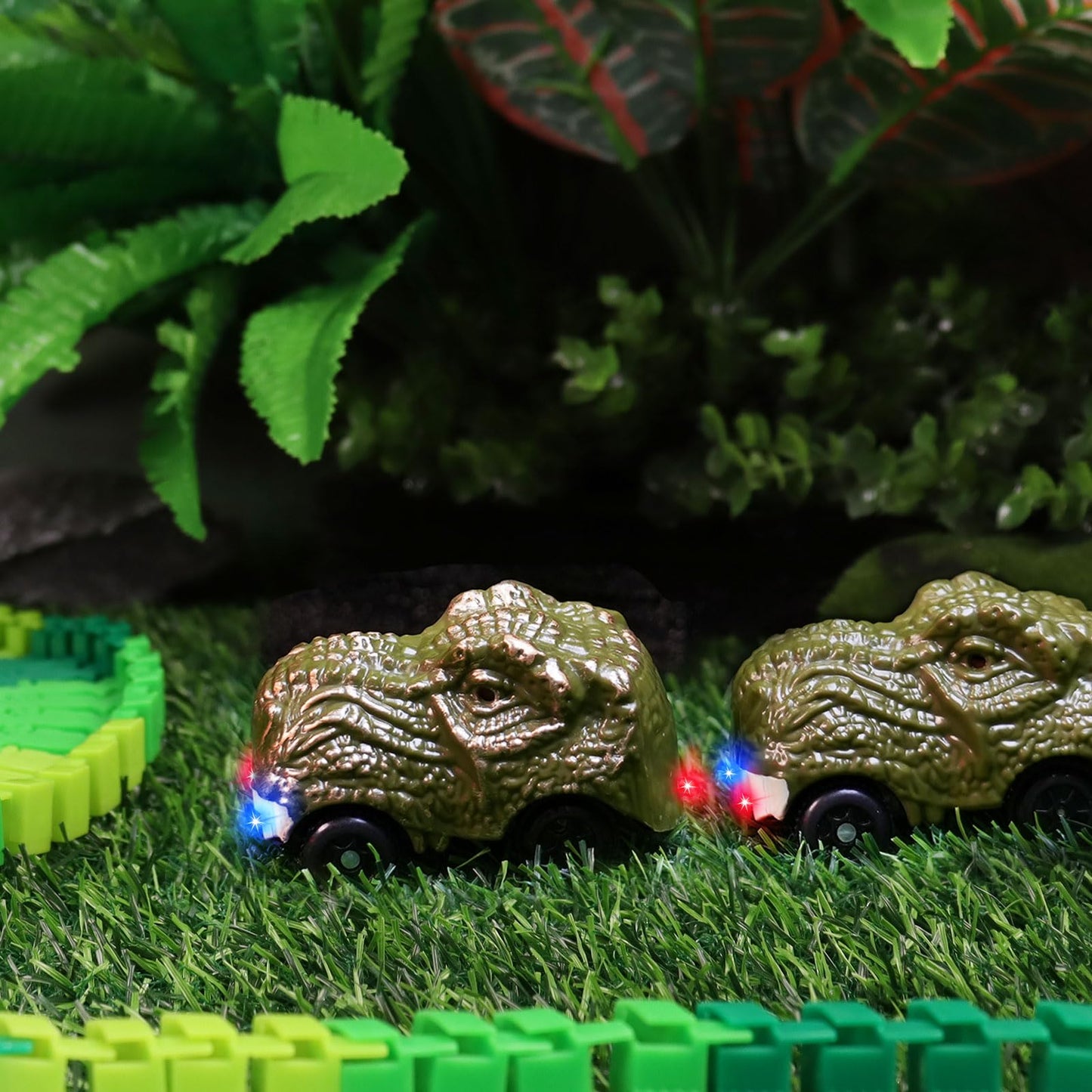 BEMITON Pack of 2 Dinosaur Car Toys with LED Lights – Replacement Race Cars for Dinosaur Tracks (Ages 3–7)