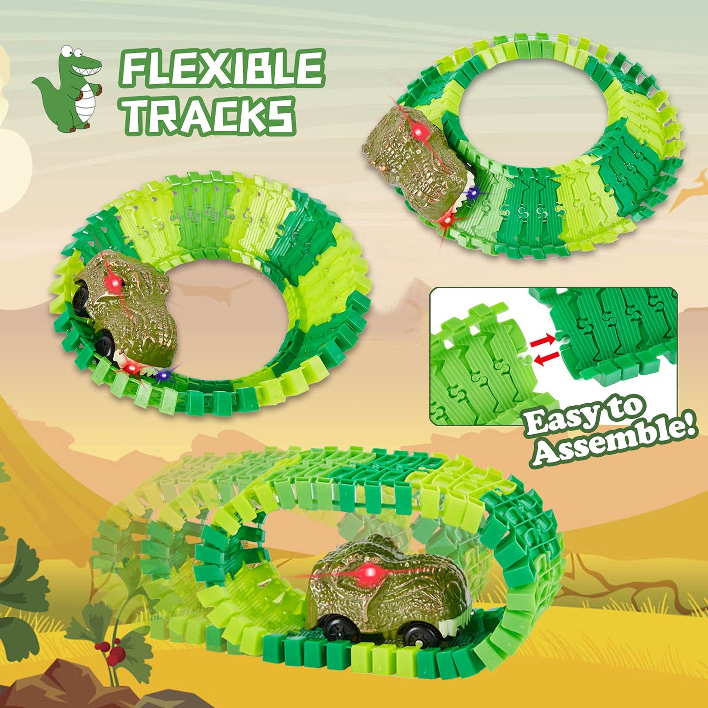 BEMITON Dinosaur Race Car Track – Flexible Dino World for 3–7 Years