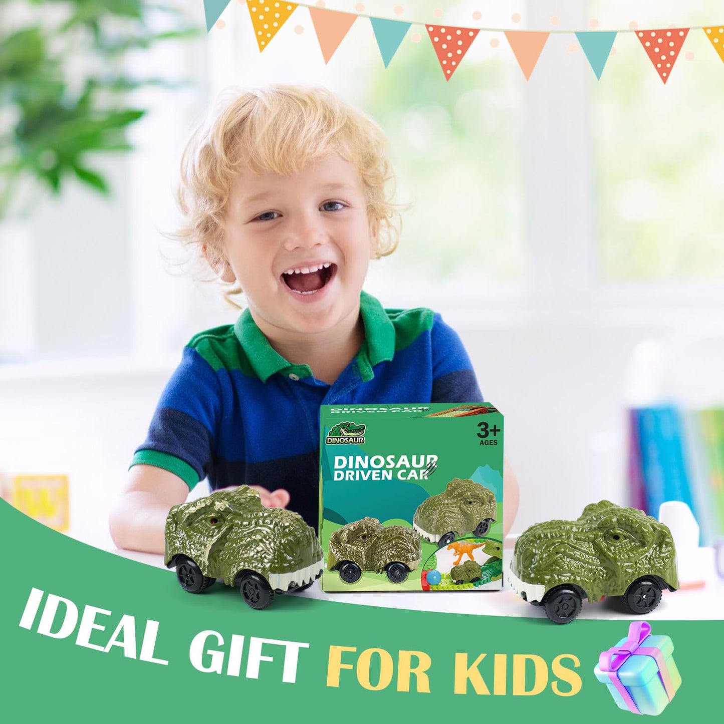 BEMITON Pack of 2 Dinosaur Car Toys with LED Lights – Replacement Race Cars for Dinosaur Tracks (Ages 3–7)