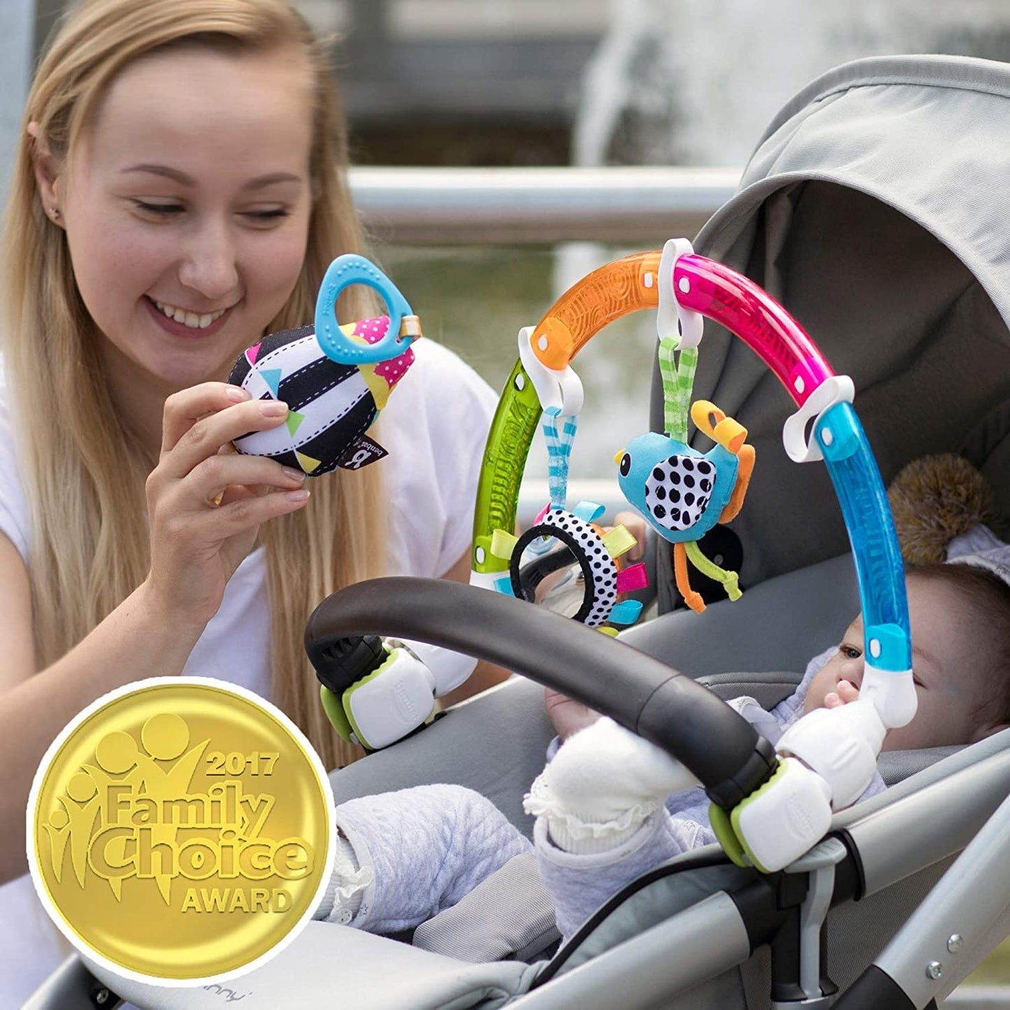 BENBAT Rainbow Dazzle Arch Toy – Adjustable Stroller Bar with Double-Sided Sensory Play