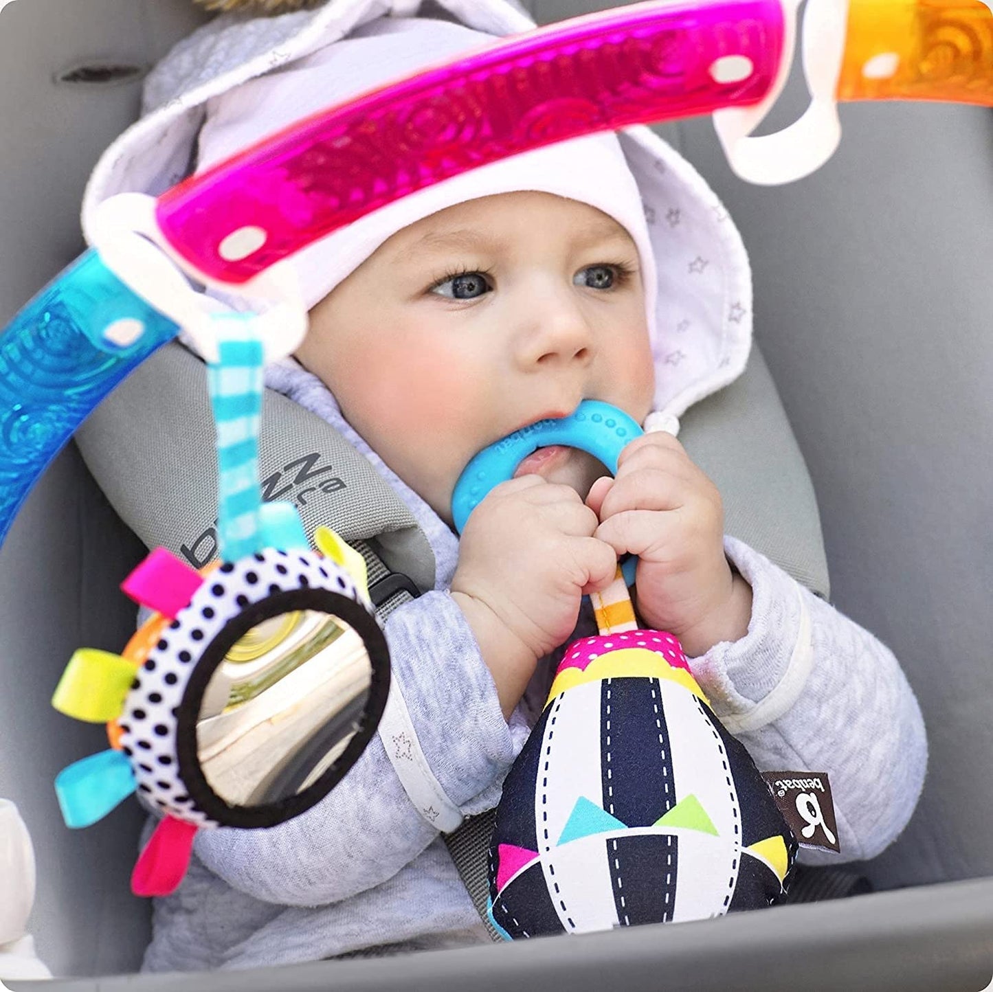 BENBAT Rainbow Dazzle Arch Toy – Adjustable Stroller Bar with Double-Sided Sensory Play