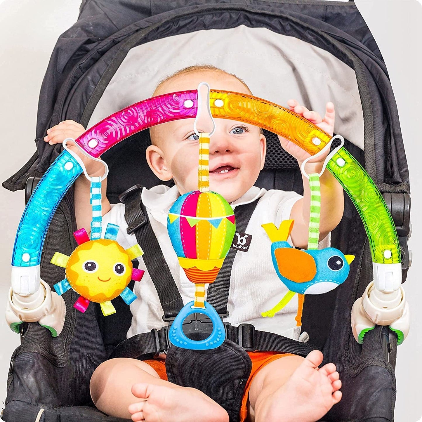 BENBAT Rainbow Dazzle Arch Toy – Adjustable Stroller Bar with Double-Sided Sensory Play