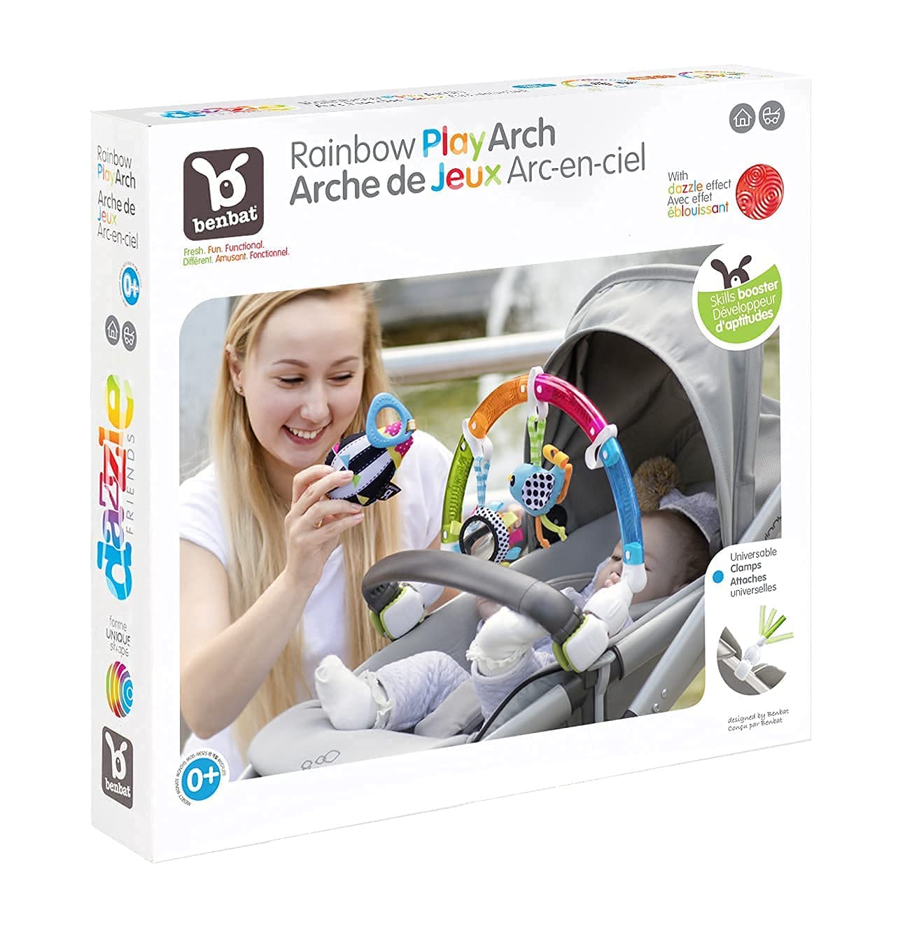 BENBAT Rainbow Dazzle Arch Toy – Adjustable Stroller Bar with Double-Sided Sensory Play