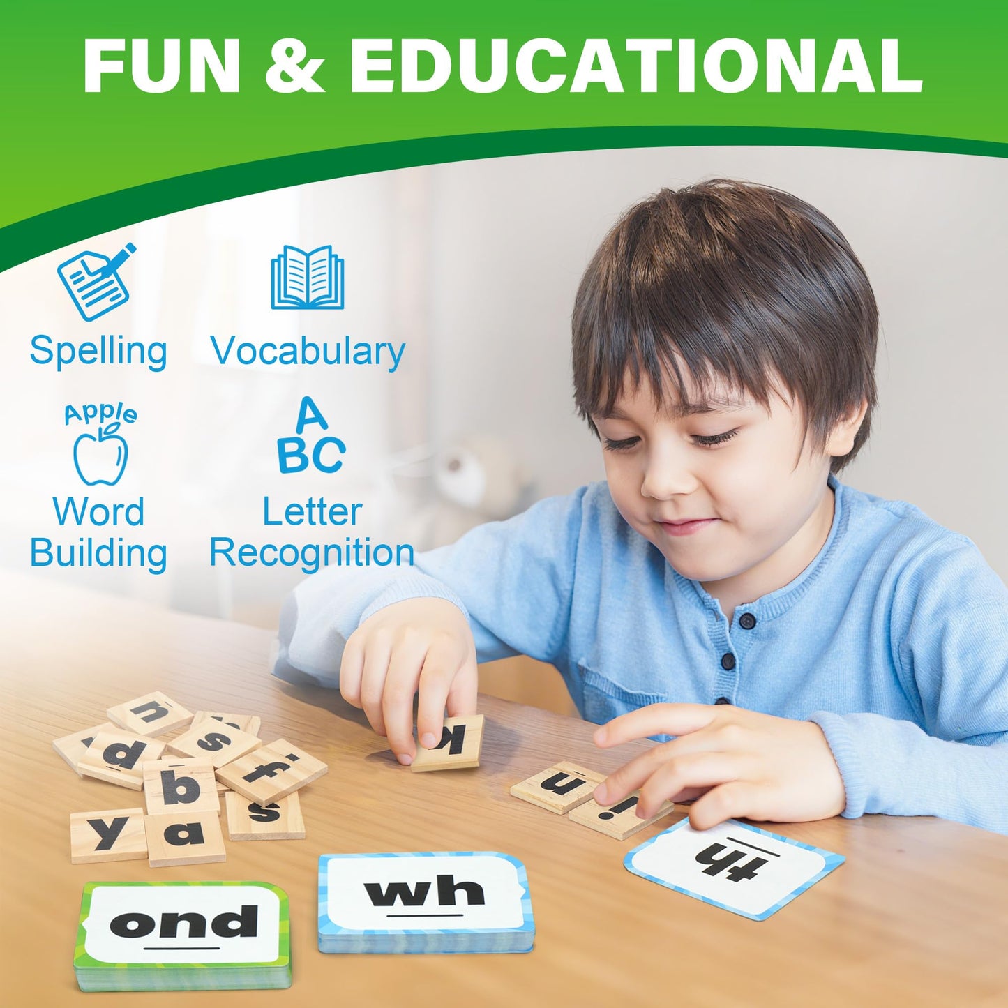BenBen Family Spelling Games: 112 Flash Cards & Wooden Tiles for 4+ | 1–4 Players