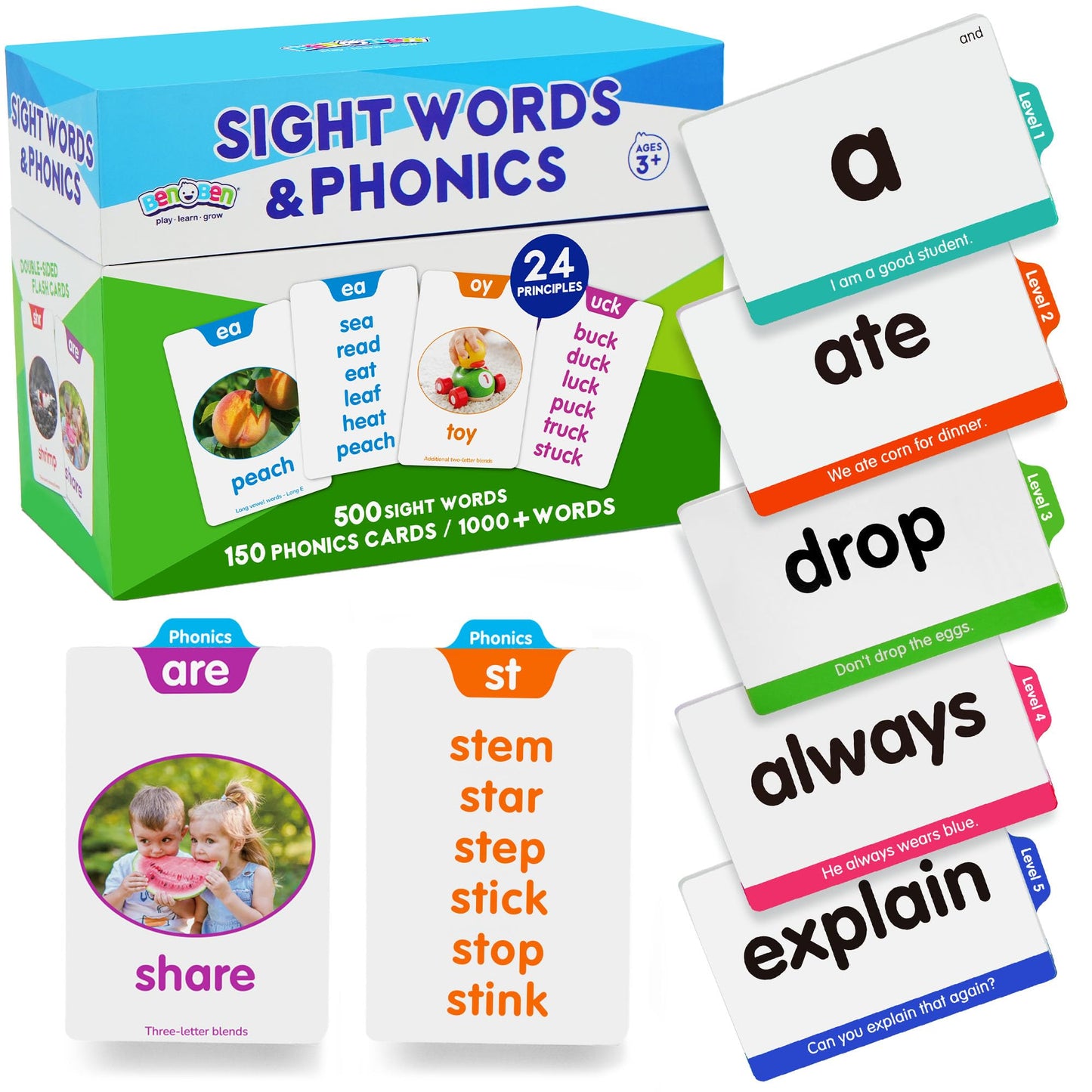 BenBen 650 Sight Words & Phonics Flash Cards for Early Reading | Dolch & Fry High-Frequency Word Set