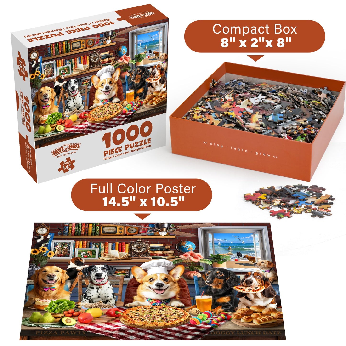 BenBen 1000-Piece Dog Puzzle: Dogs' Dinner Party with Back Letter Hints
