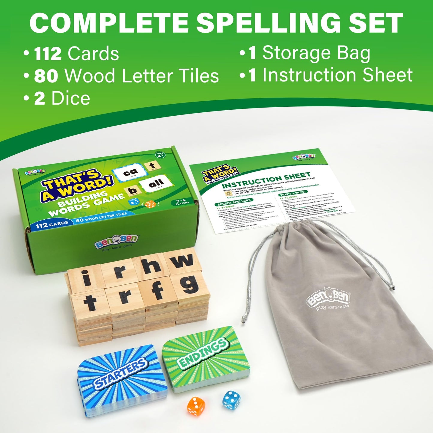 BenBen Family Spelling Games: 112 Flash Cards & Wooden Tiles for 4+ | 1–4 Players