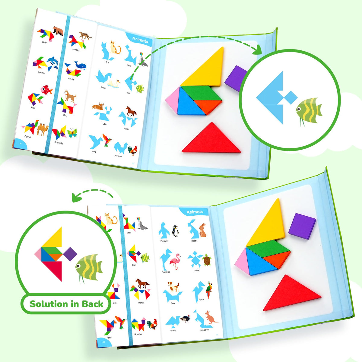 BenBen Travel Tangram Puzzle – Magnetic Wooden Shapes, Dual-Sided Board, Color Pattern Book