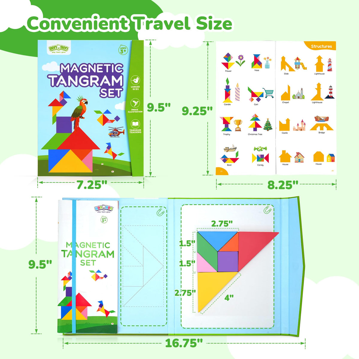 BenBen Travel Tangram Puzzle | Magnetic Wooden Shapes, Dual-Sided Magnet Surface, Pattern IQ Book