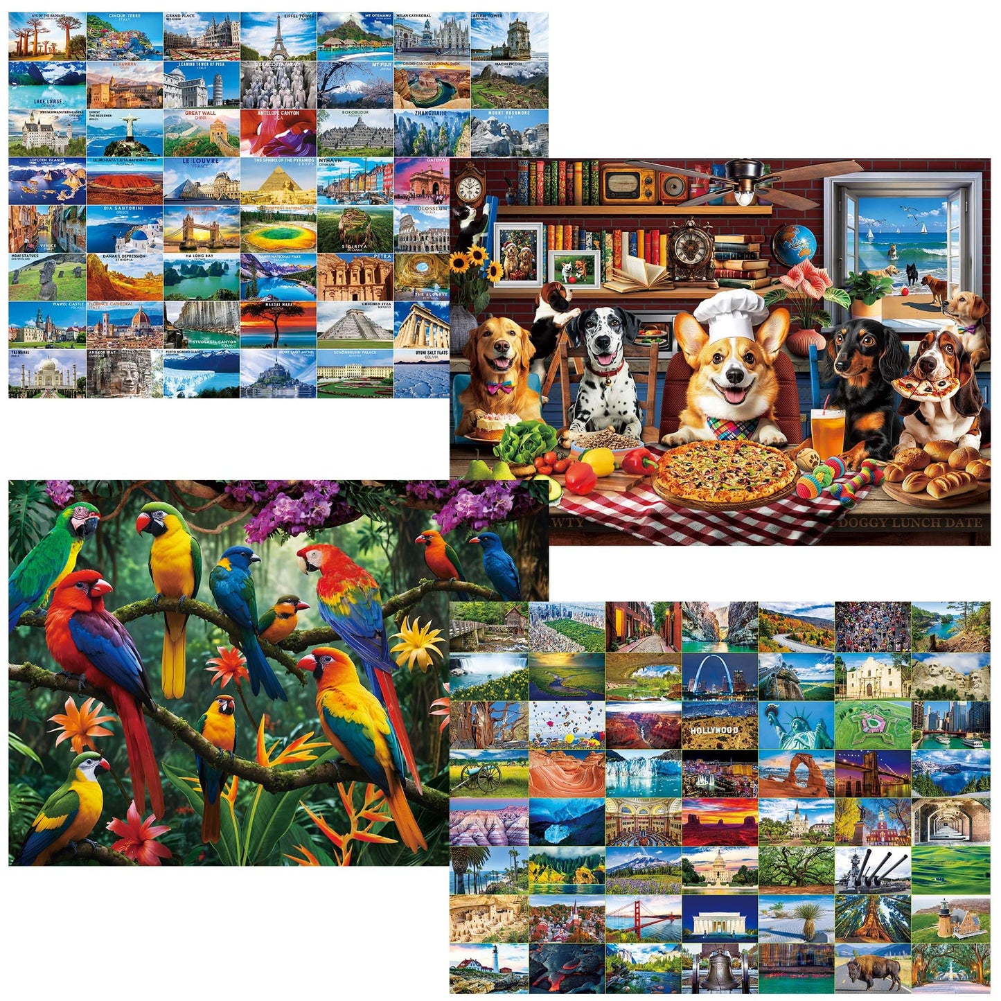 BenBen 1000-Piece Puzzle 4-Pack – Dogs' Dinner Party, Jungle Parrots, World Landscape, USA Landmarks