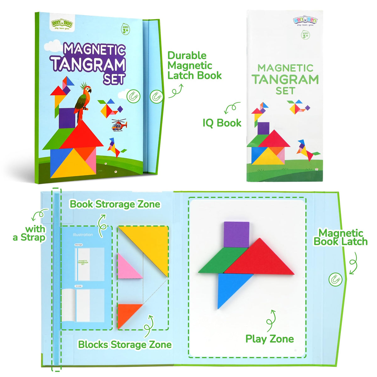 BenBen Travel Tangram Puzzle – Magnetic Wooden Shapes, Dual-Sided Board, Color Pattern Book