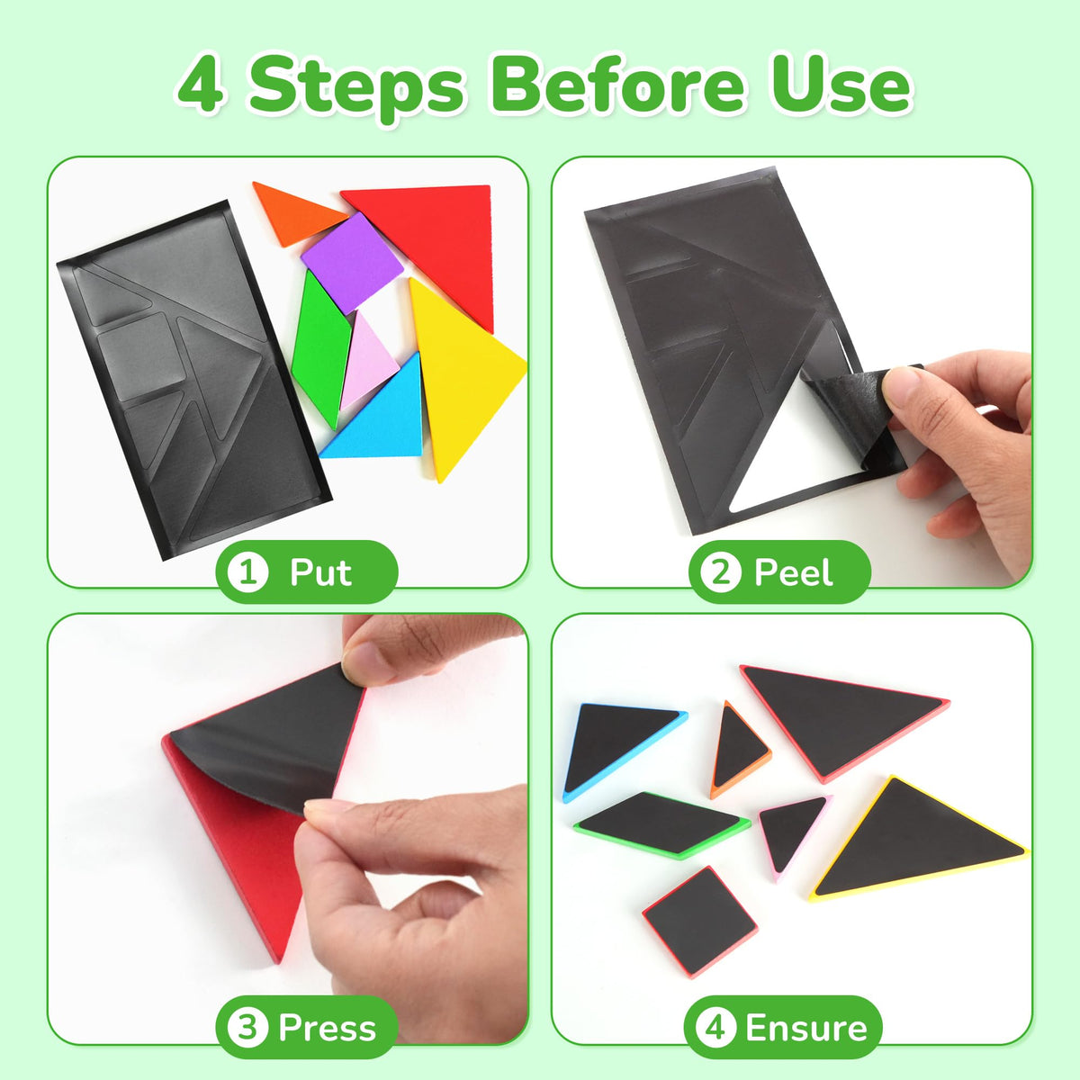 BenBen Travel Tangram Puzzle – Magnetic Wooden Shapes, Dual-Sided Board, Color Pattern Book