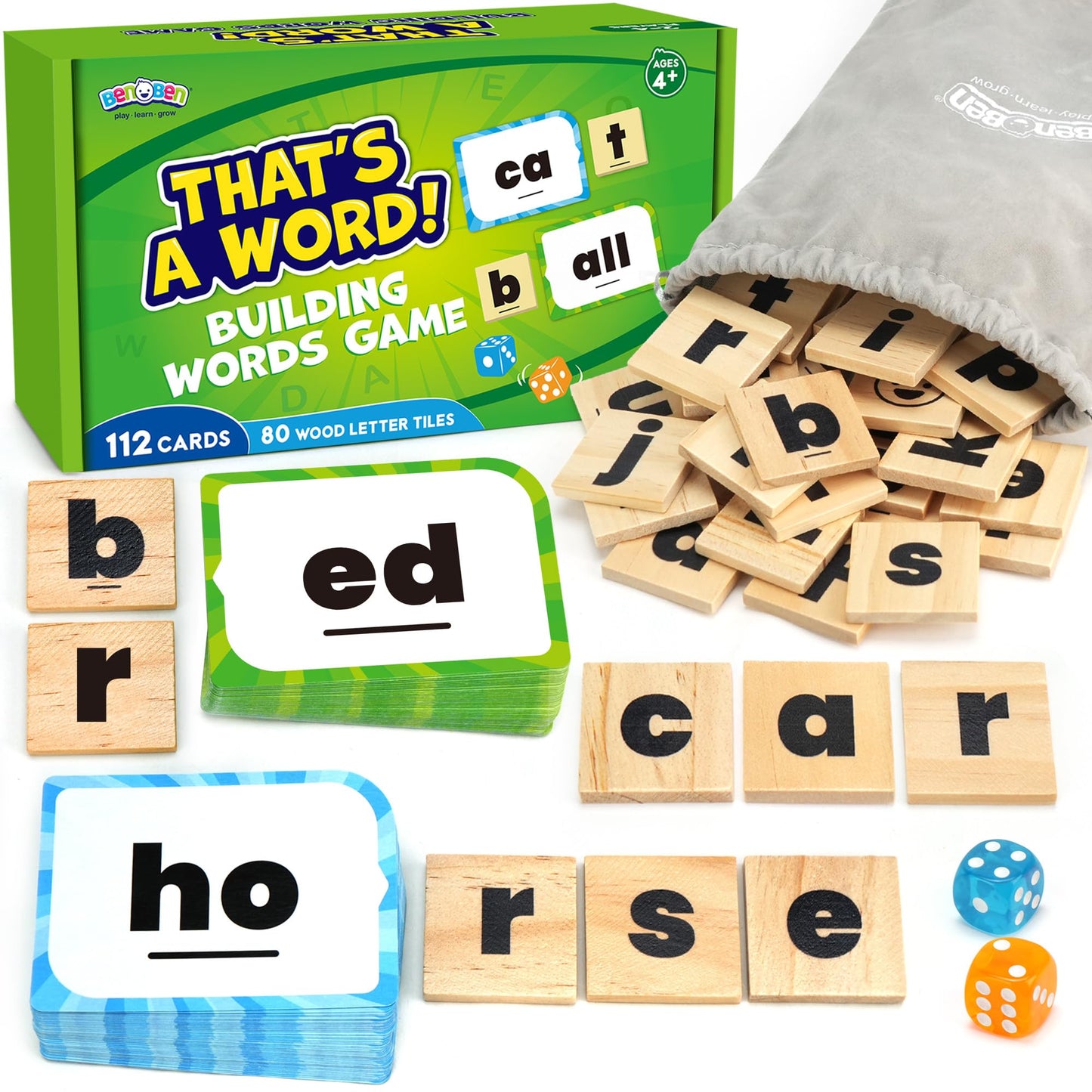 BenBen Family Spelling Games: 112 Flash Cards & Wooden Tiles for 4+ | 1–4 Players