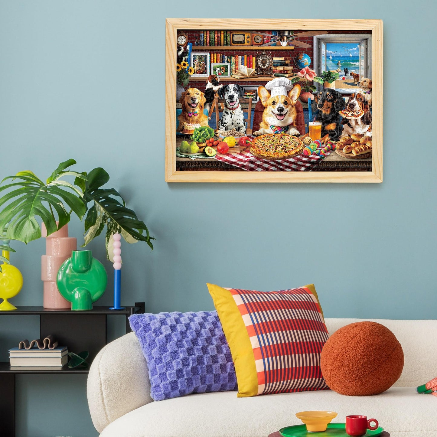 BenBen 1000-Piece Puzzle 4-Pack – Dogs' Dinner Party, Jungle Parrots, World Landscape, USA Landmarks