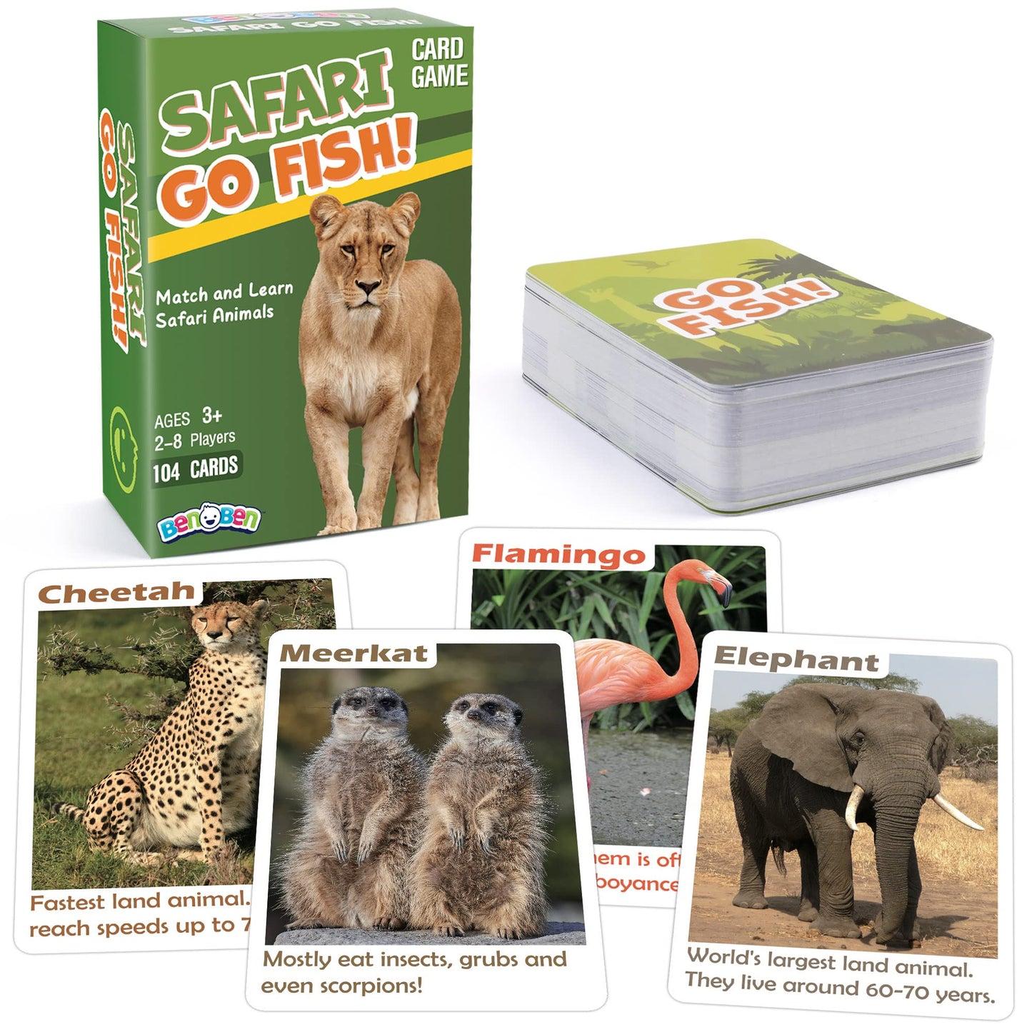 BenBen Go Fish Card Game for Kids | 104 Safari Animal Cards with Real Photos
