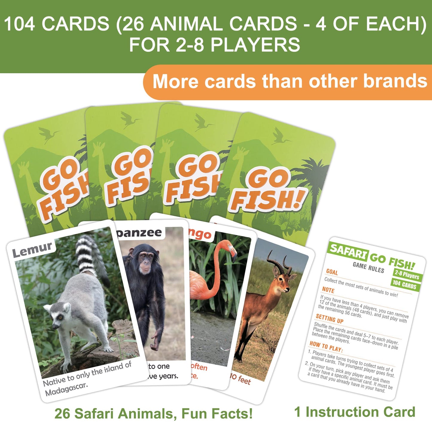 BenBen Go Fish Card Game for Kids | 104 Safari Animal Cards with Real Photos