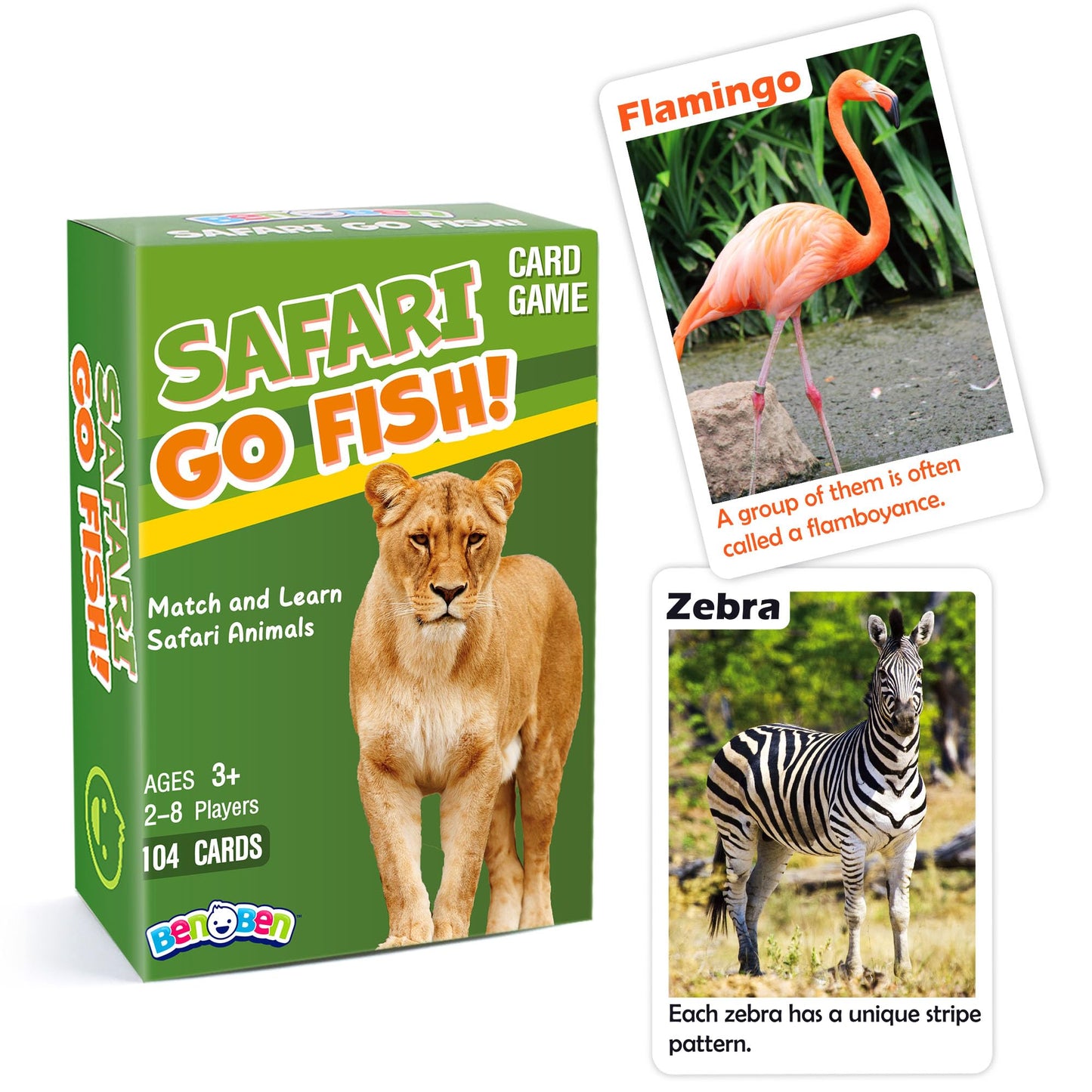 BenBen Go Fish Card Game for Kids | 104 Safari Animal Cards with Real Photos