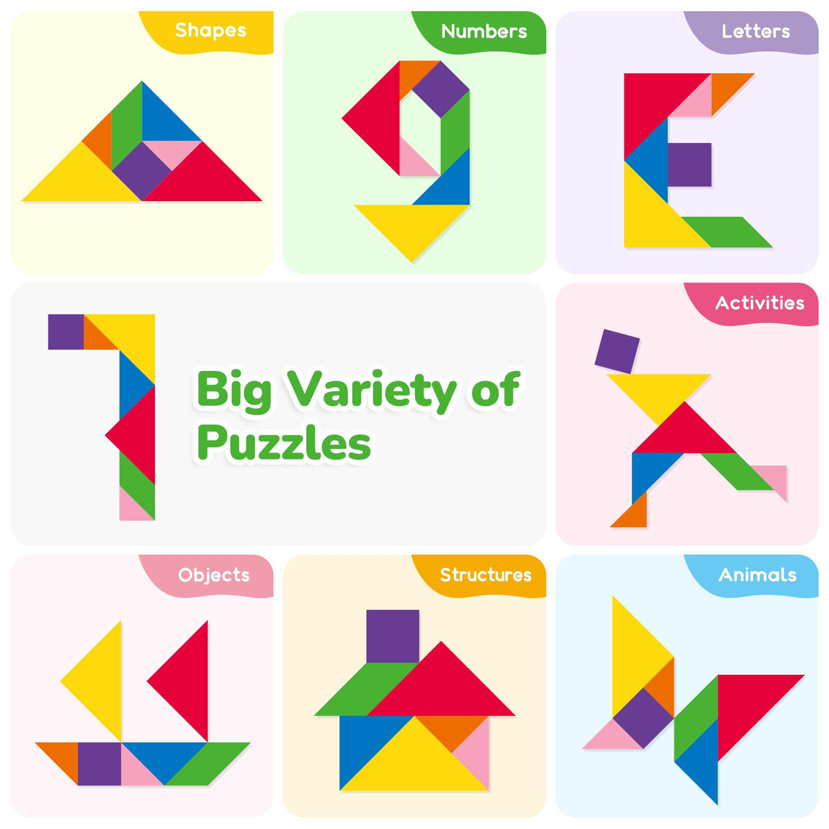 BenBen Travel Tangram Puzzle | Magnetic Wooden Shapes, Dual-Sided Magnet Surface, Pattern IQ Book