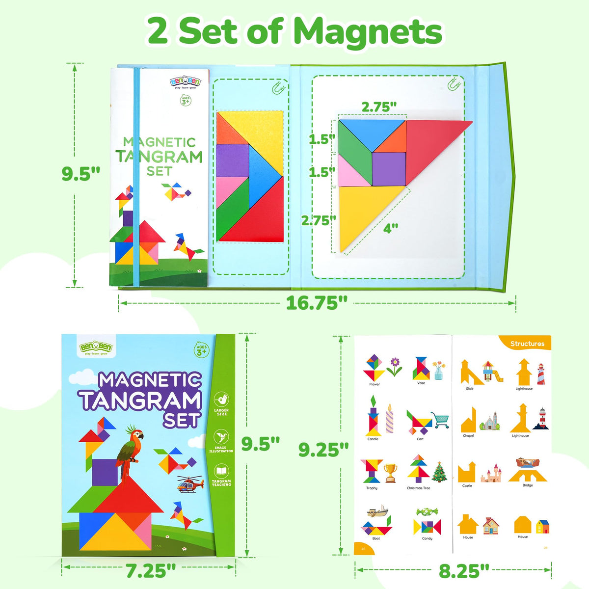 BenBen Travel Tangram Puzzle – Magnetic Wooden Shapes, Dual-Sided Board, Color Pattern Book