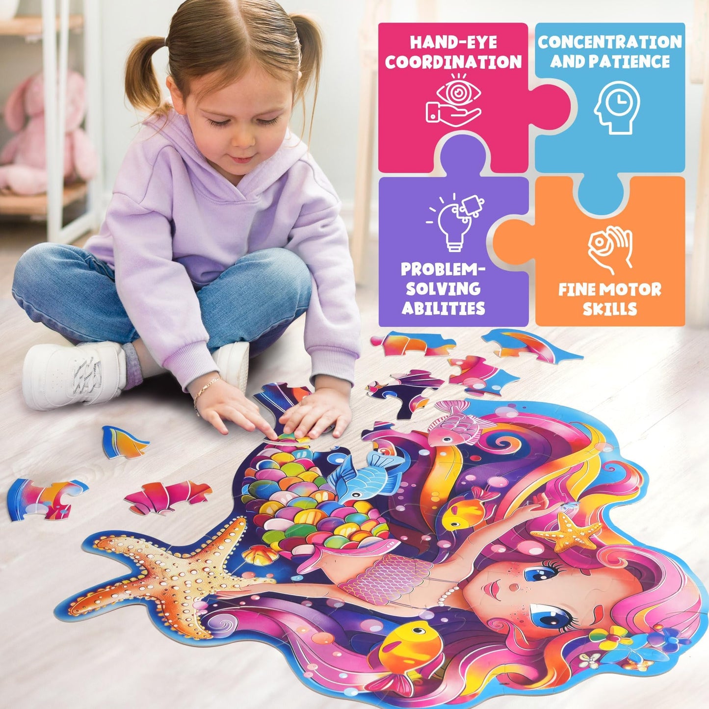BenBen Floor Puzzle – 52-Piece Jumbo Mermaid for Kids (26x27.5 in)