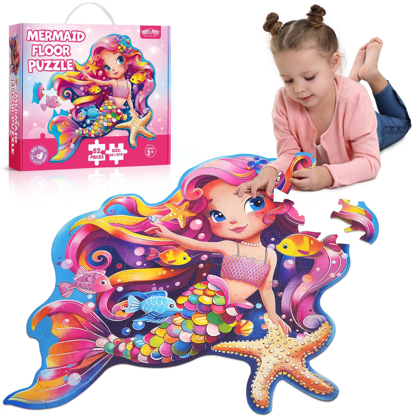 BenBen Floor Puzzle – 52-Piece Jumbo Mermaid for Kids (26x27.5 in)