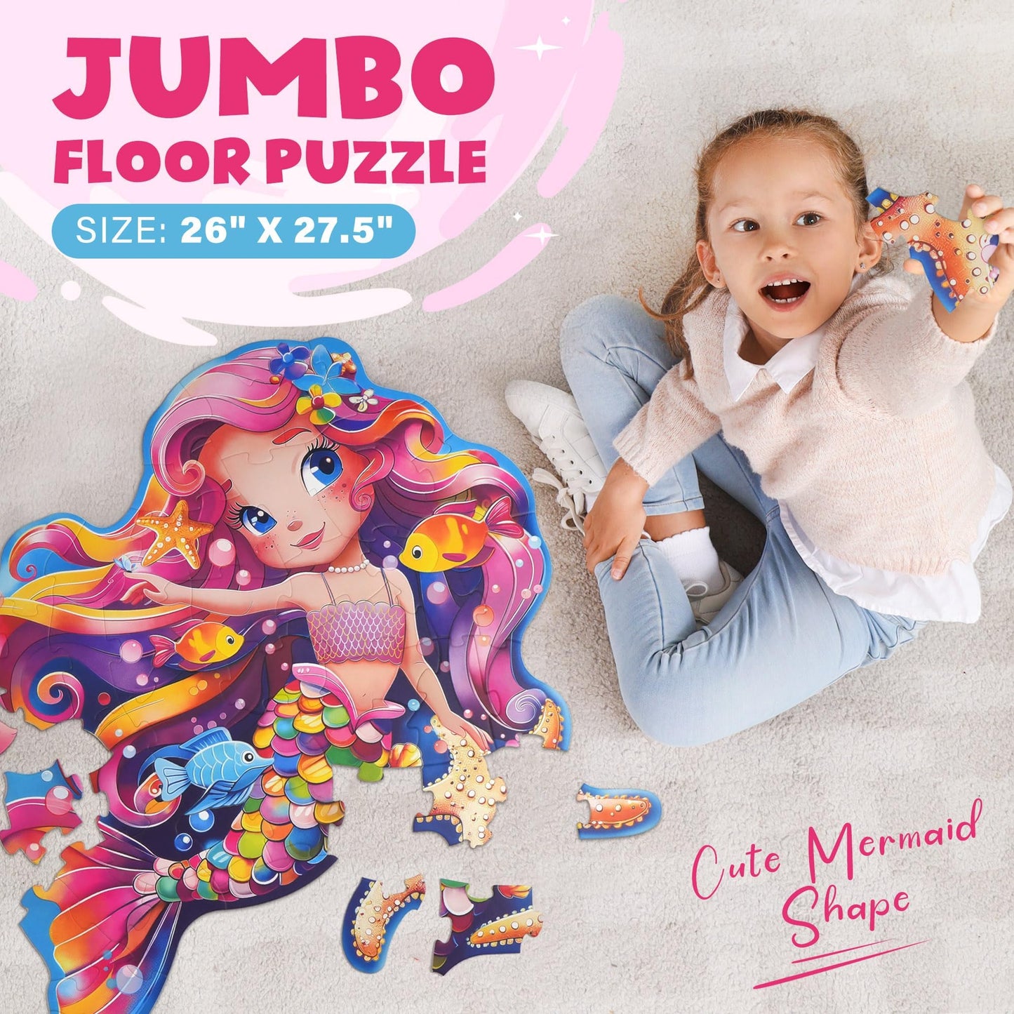 BenBen Floor Puzzle – 52-Piece Jumbo Mermaid for Kids (26x27.5 in)