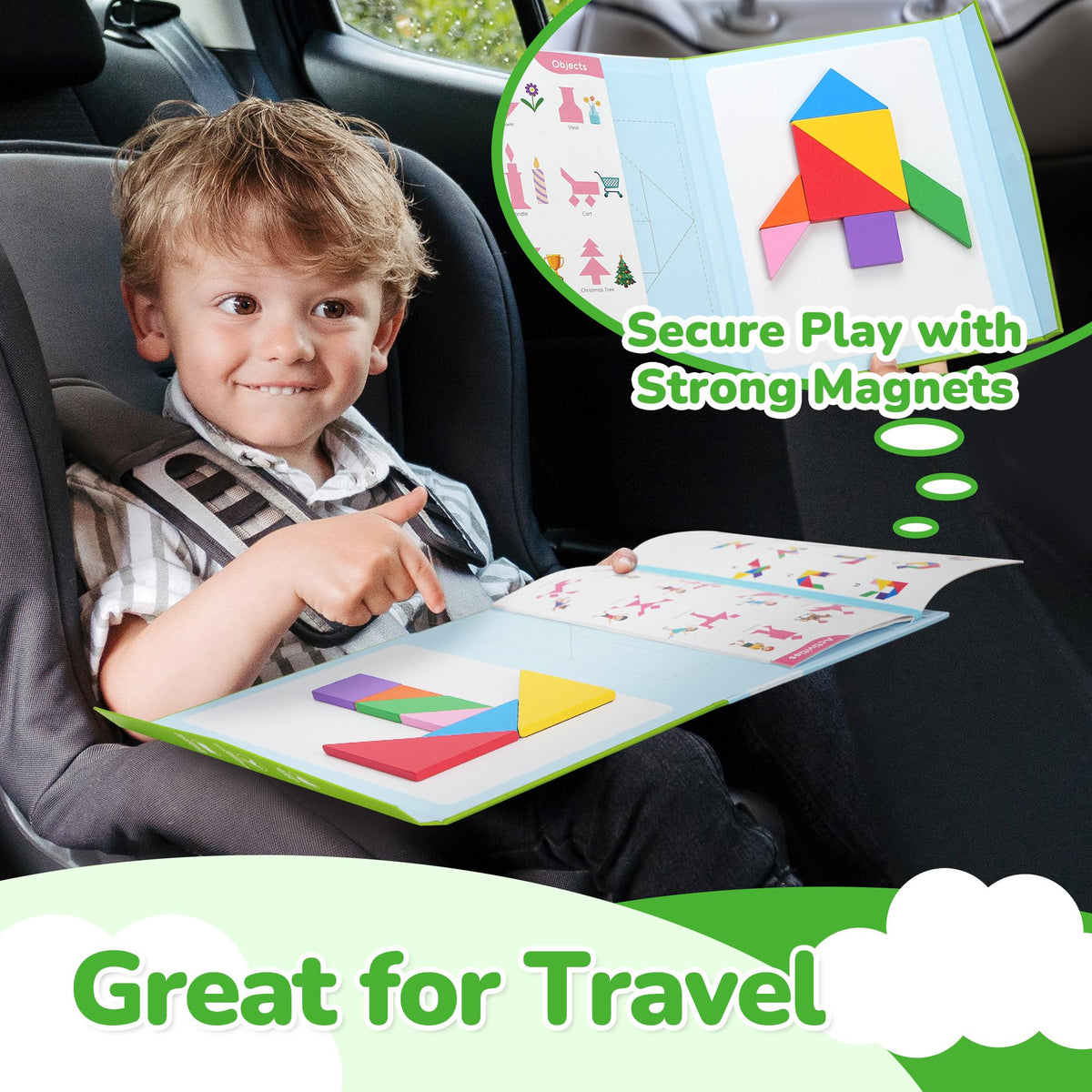 BenBen Travel Tangram Puzzle – Magnetic Wooden Shapes, Dual-Sided Board, Color Pattern Book