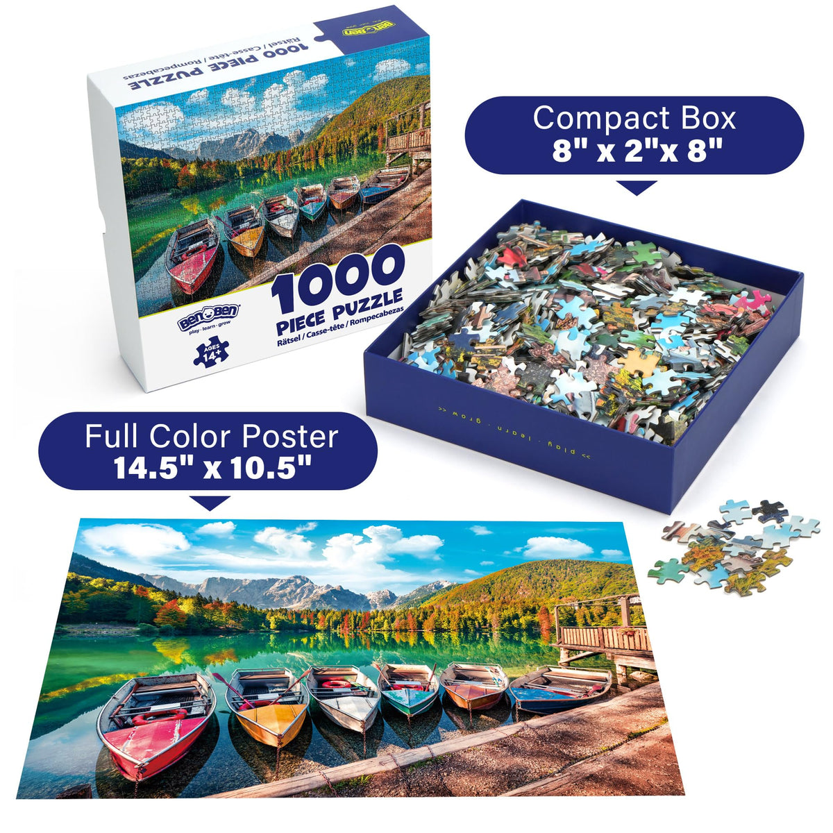 BenBen 1000-Piece Puzzle for Adults | Fusine Lake Scene, Letters on Back