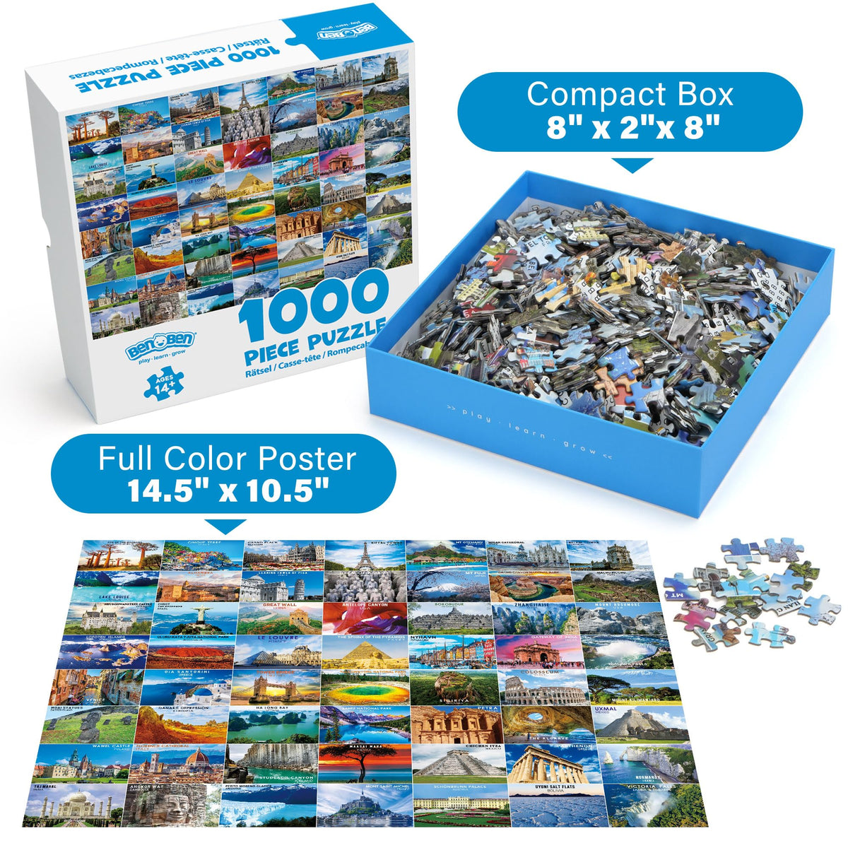 BenBen 1000-Piece World Landmarks Puzzle – 56 Famous Destinations (Letters on Back)