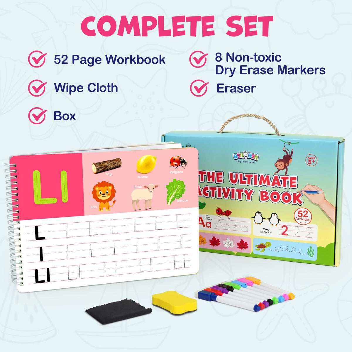 BenBen Preschool Learning Activities — 52-Page Tracing & Writing Workbook for Ages 3-5
