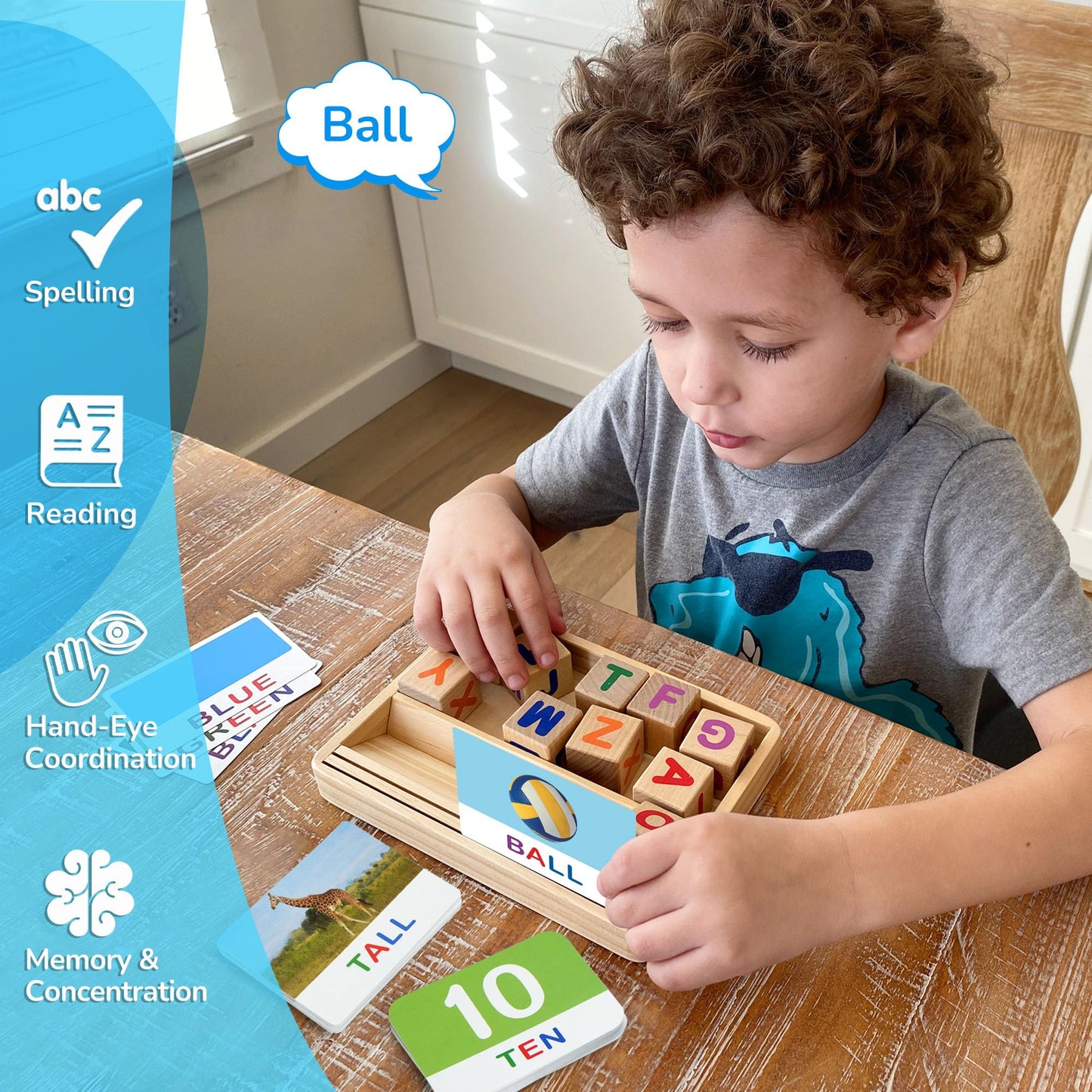 BenBen Spelling Games with Flash Cards | Montessori Wooden Letters for 3-6 Year Olds