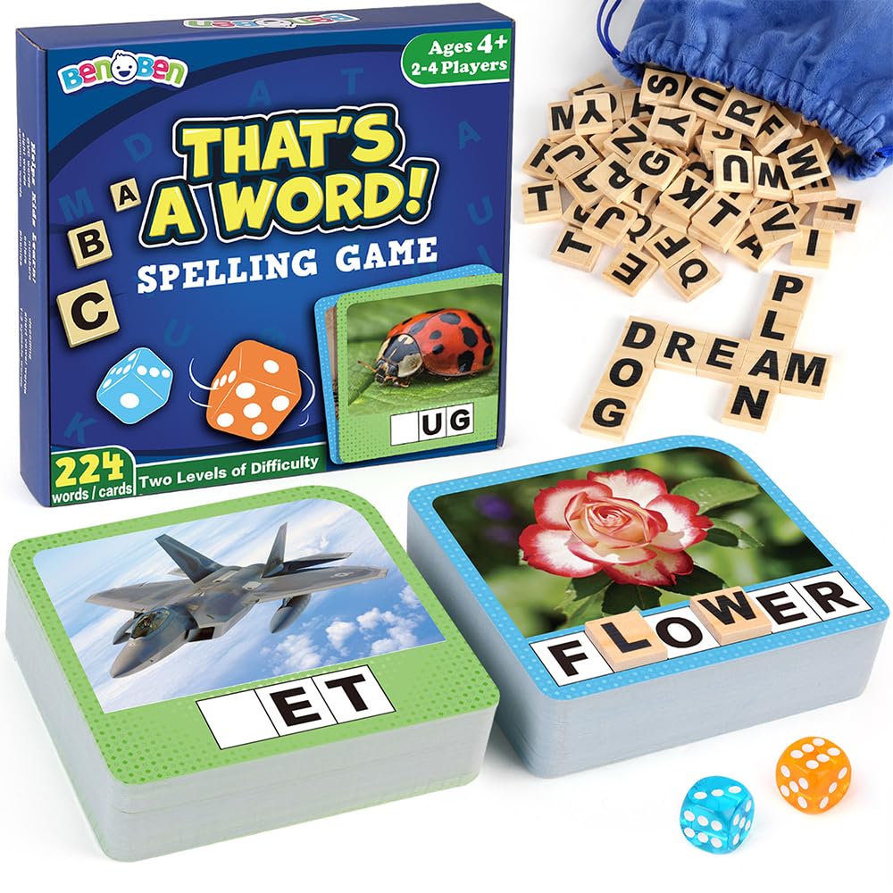 BenBen Spelling Games – 224 Flashcards, 208 Wood Tiles, 1–4 Players | Educational Toy for Kids 4–8