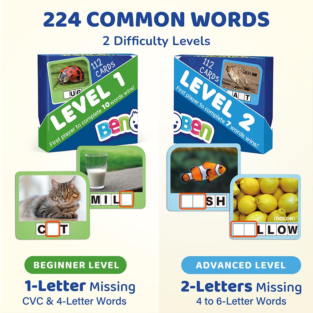 BenBen Spelling Games – 224 Flashcards, 208 Wood Tiles, 1–4 Players | Educational Toy for Kids 4–8