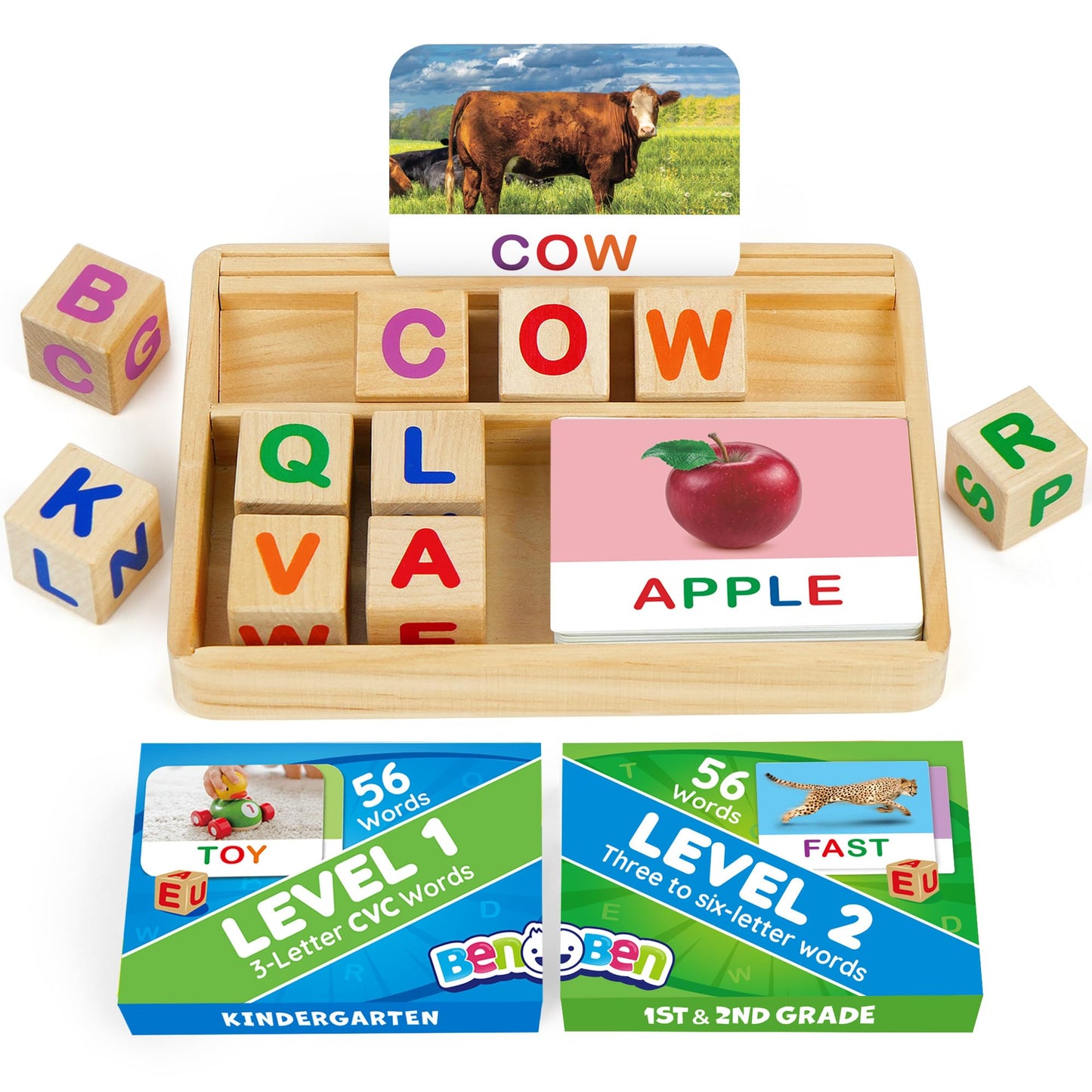 BenBen Spelling Games with Flash Cards | Montessori Wooden Letters for 3-6 Year Olds