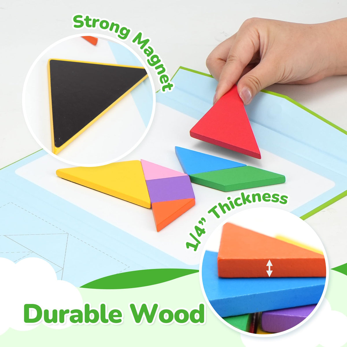 BenBen Travel Tangram Puzzle – Magnetic Wooden Shapes, Dual-Sided Board, Color Pattern Book