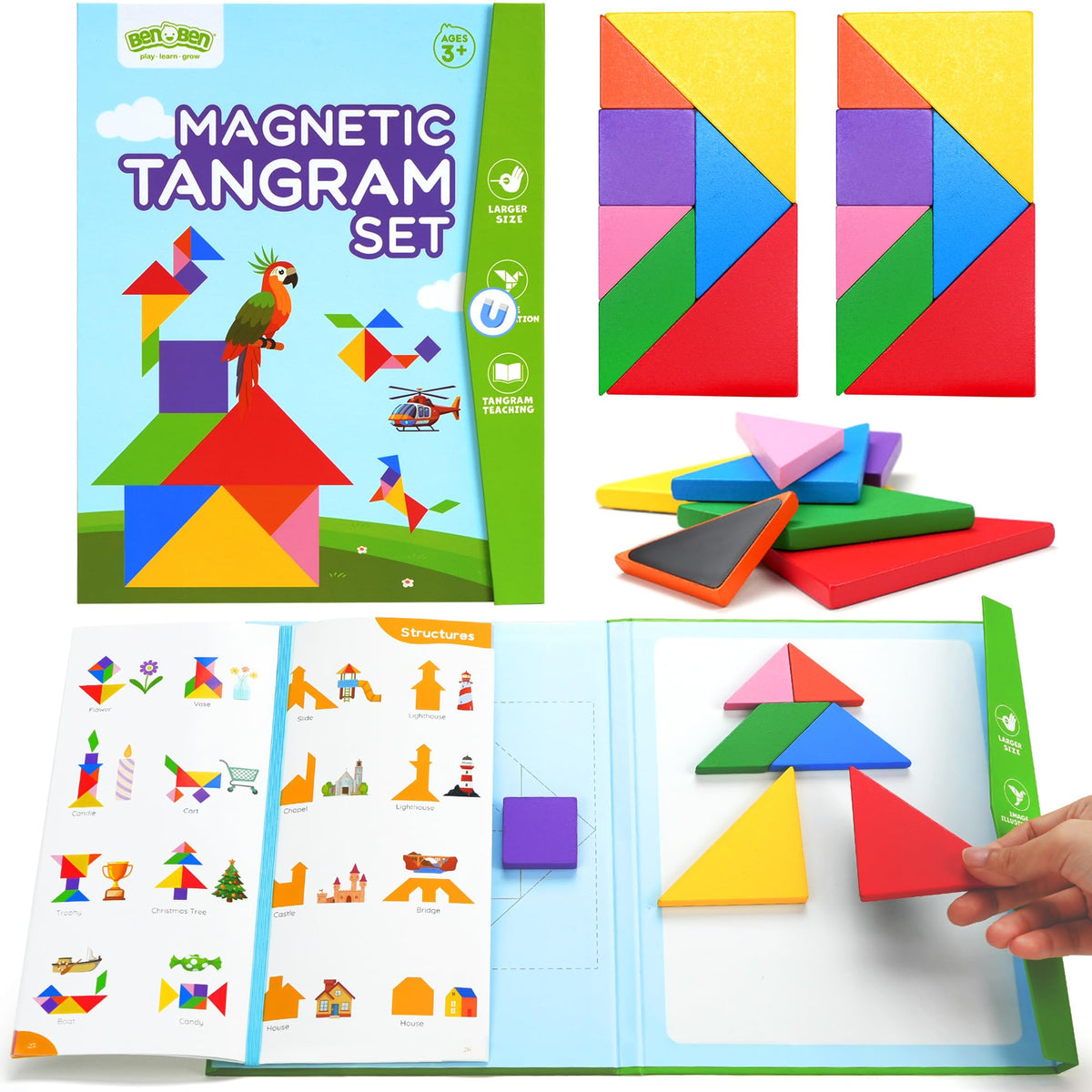 BenBen Travel Tangram Puzzle – Magnetic Wooden Shapes, Dual-Sided Board, Color Pattern Book
