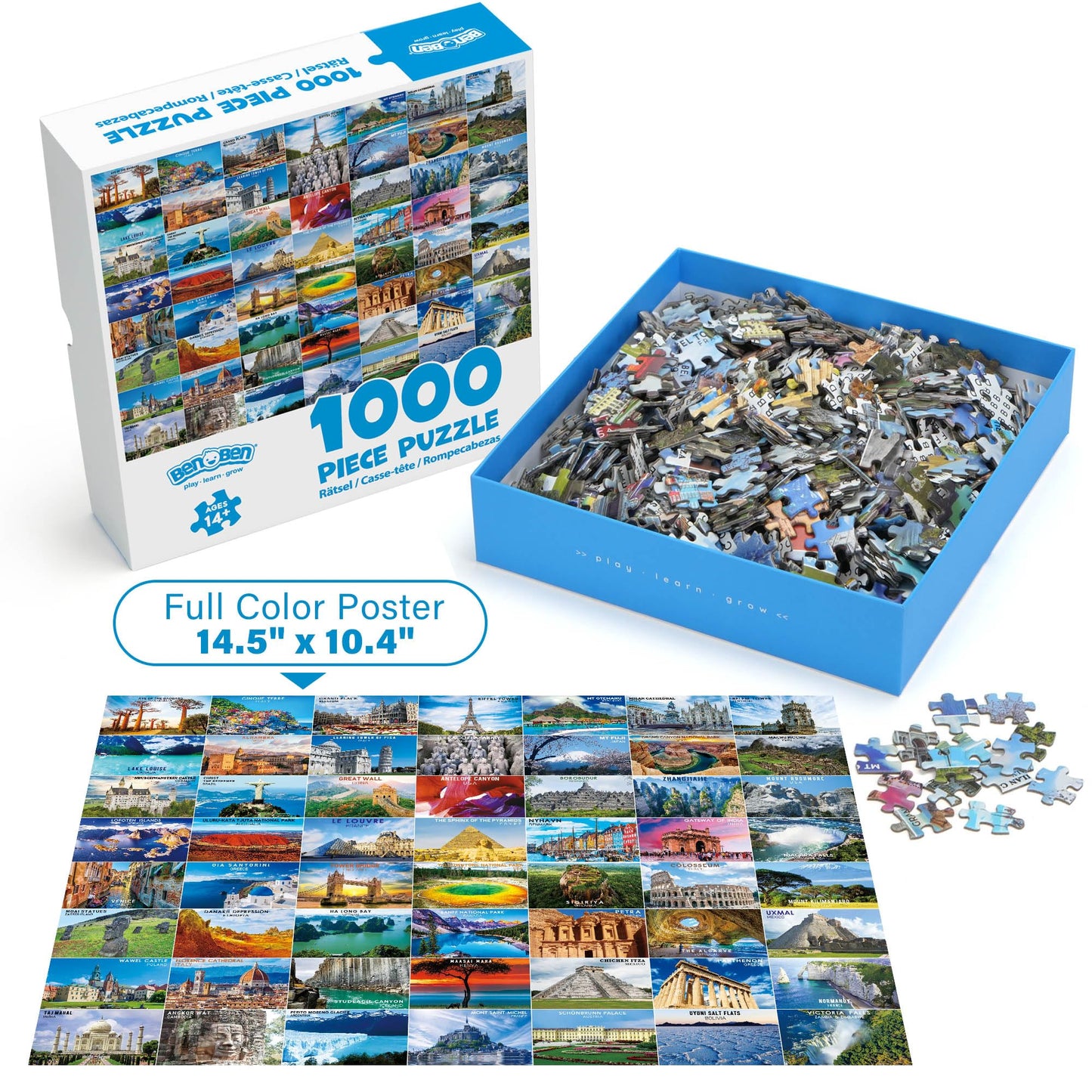 BenBen 1000-Piece Puzzle 4-Pack – Dogs' Dinner Party, Jungle Parrots, World Landscape, USA Landmarks