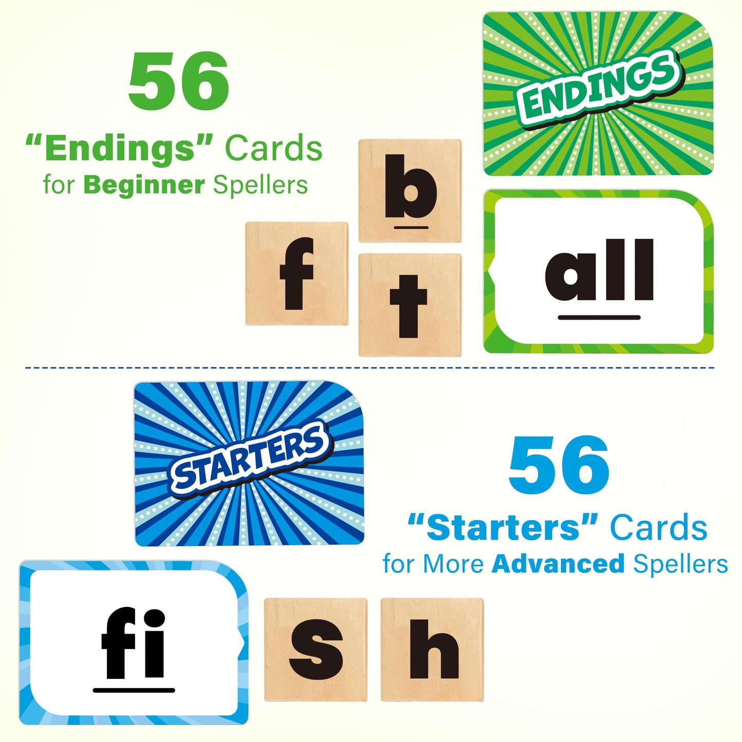 BenBen Family Spelling Games: 112 Flash Cards & Wooden Tiles for 4+ | 1–4 Players